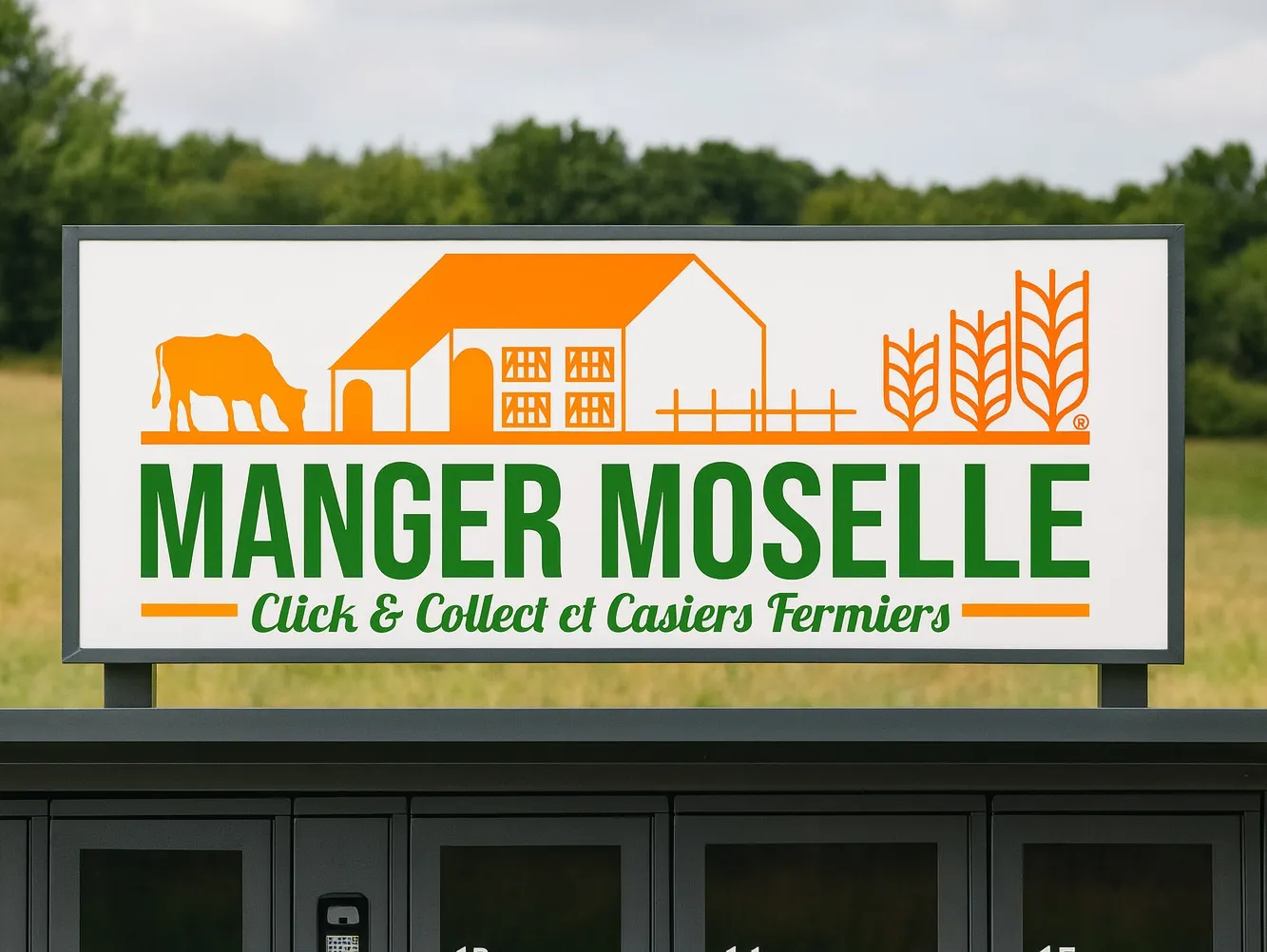 Logo MangerMoselle, création Amiral Studio en Moselle, couleurs mirabelle et vert, symbolisant la ferme familiale et les circuits courts.