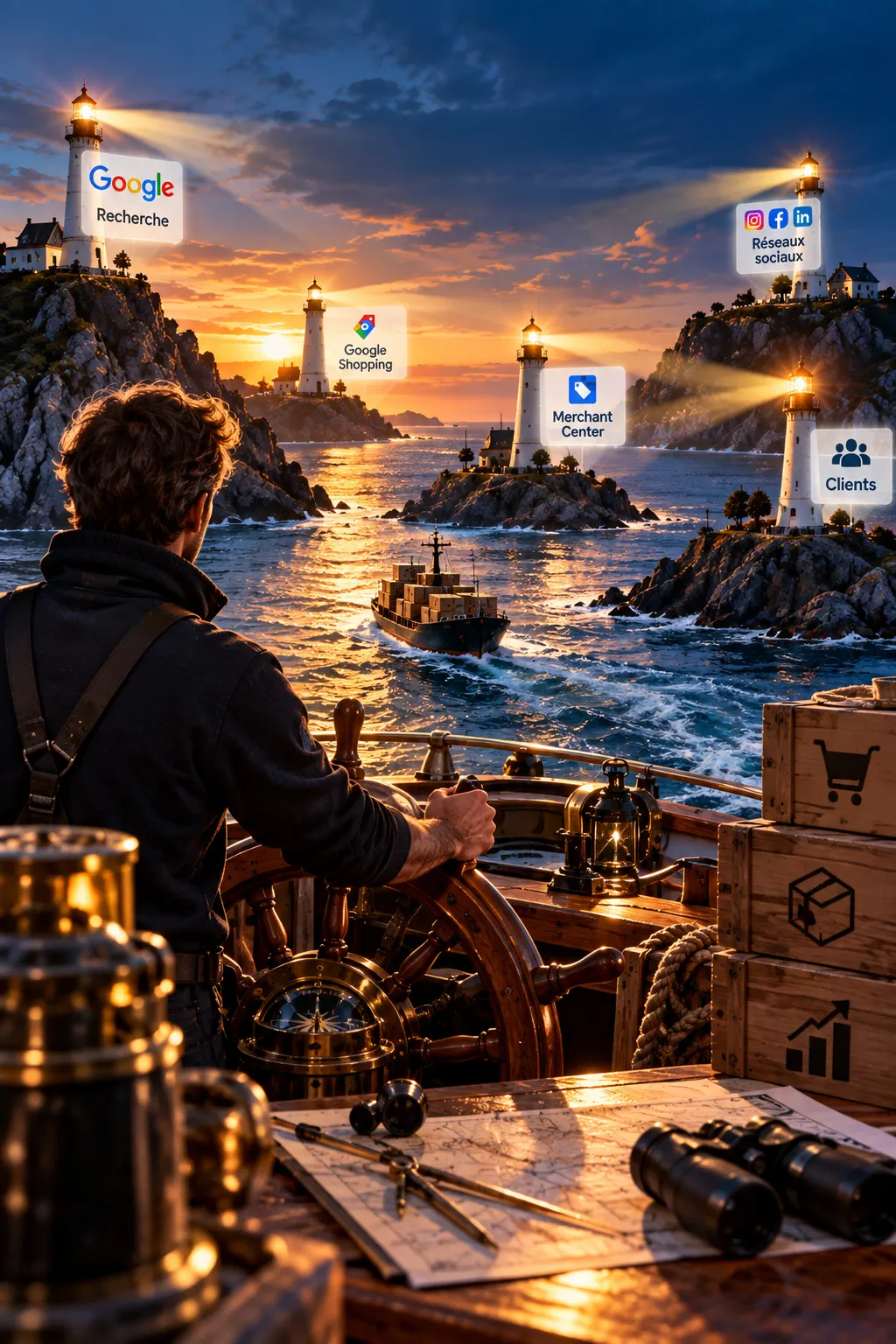 Navire marchand guide par plusieurs phares vers ses clients, illustration du referencement SEO, Google Shopping et de la visibilite e-commerce par Amiral Studio