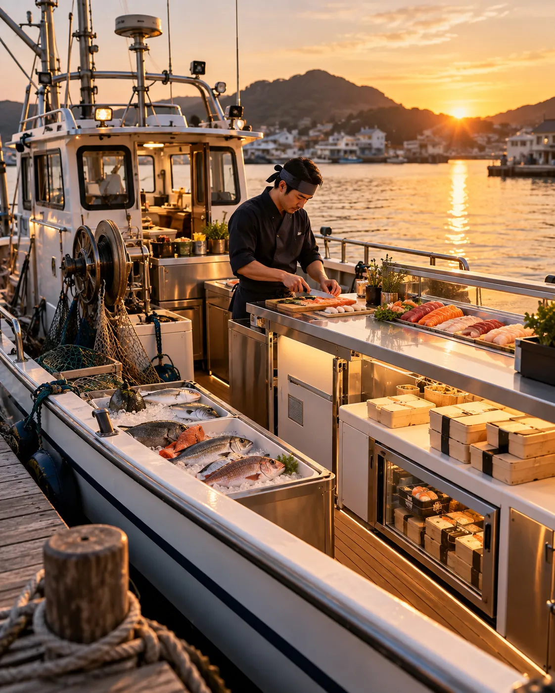 Bateau de pêche transformé en atelier de préparation de sushis, illustration d’un site e-commerce adapté au modèle de vente par Amiral Studio
