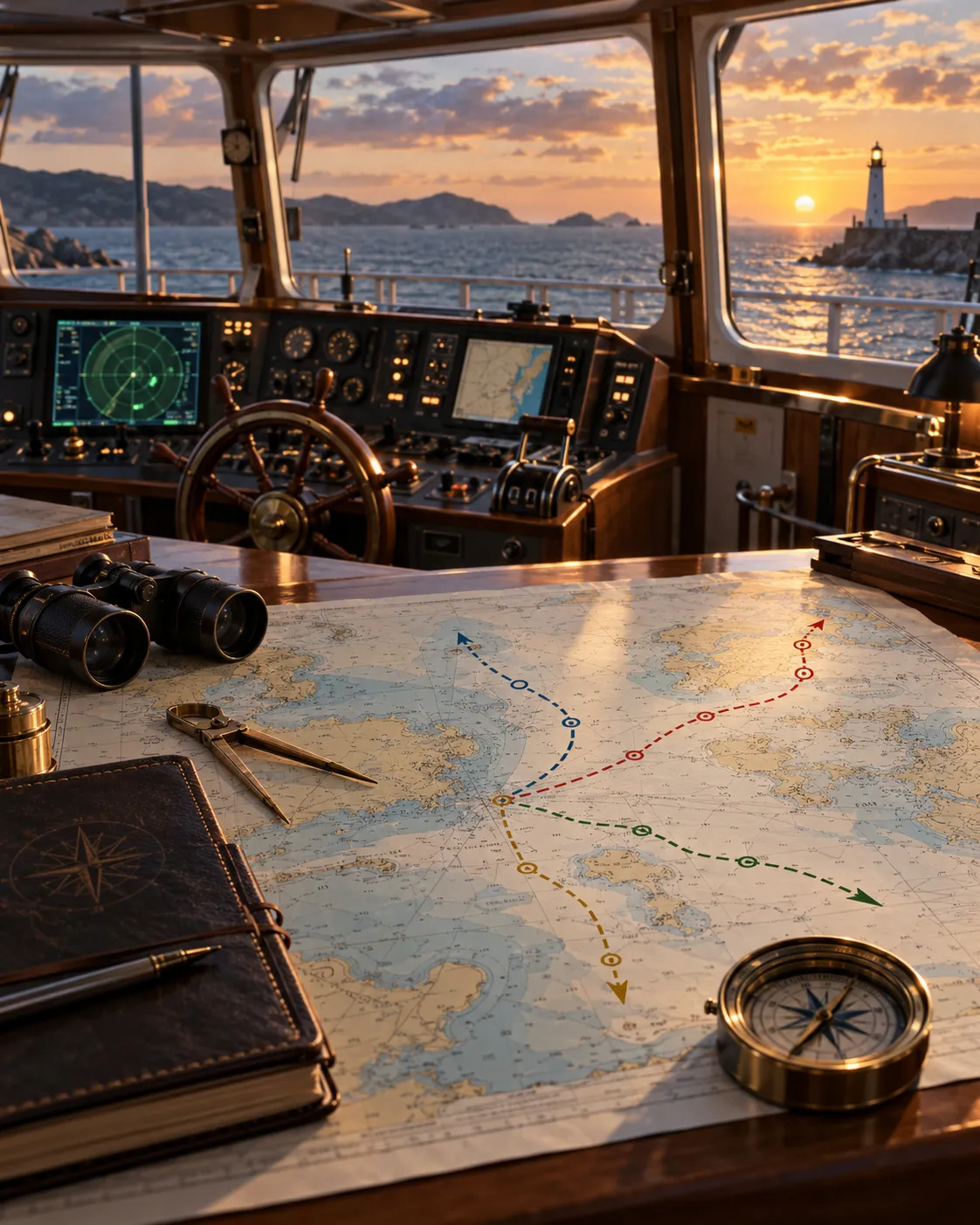 Tableau de bord de navigation avec carte marine, radar, compas et routes possibles, illustrant les questions, choix et orientations d’un projet web avec Amiral Studio