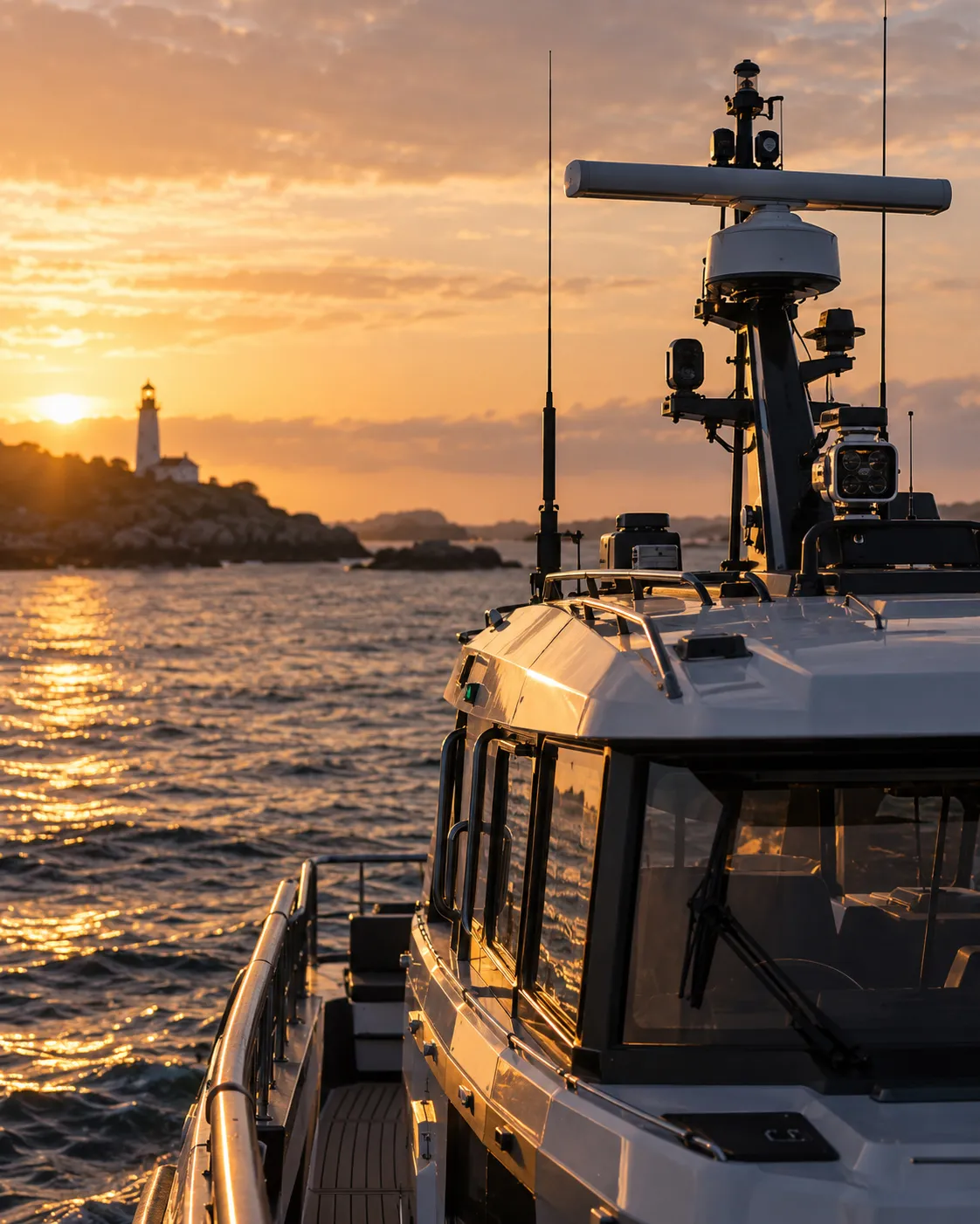 Bateau équipé d’un radar naviguant vers un phare, symbole d’un site internet conçu pour être trouvé sur Google et les moteurs IA par Amiral Studio