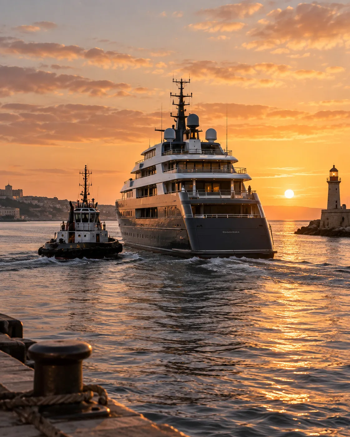 Remorqueur accompagnant un yacht vers le port au coucher du soleil, symbole d’un accompagnement web qui se prolonge après la mise en ligne par Amiral Studio