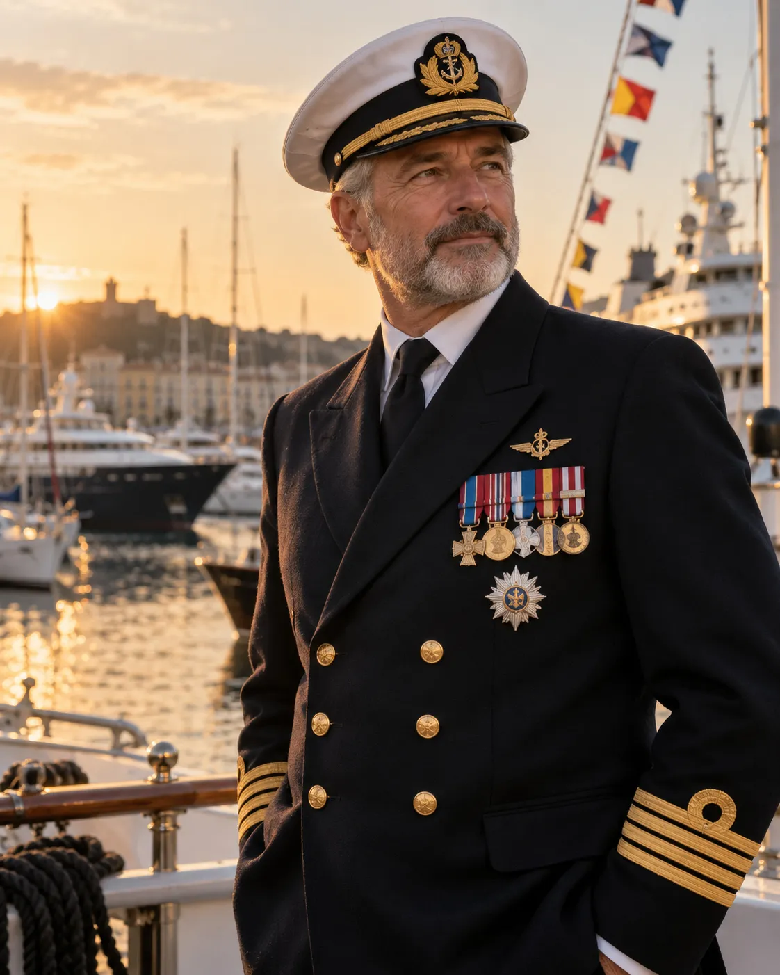 Commandant de navire décoré de médailles dans un port, symbole des réalisations et preuves d’expertise web d’Amiral Studio