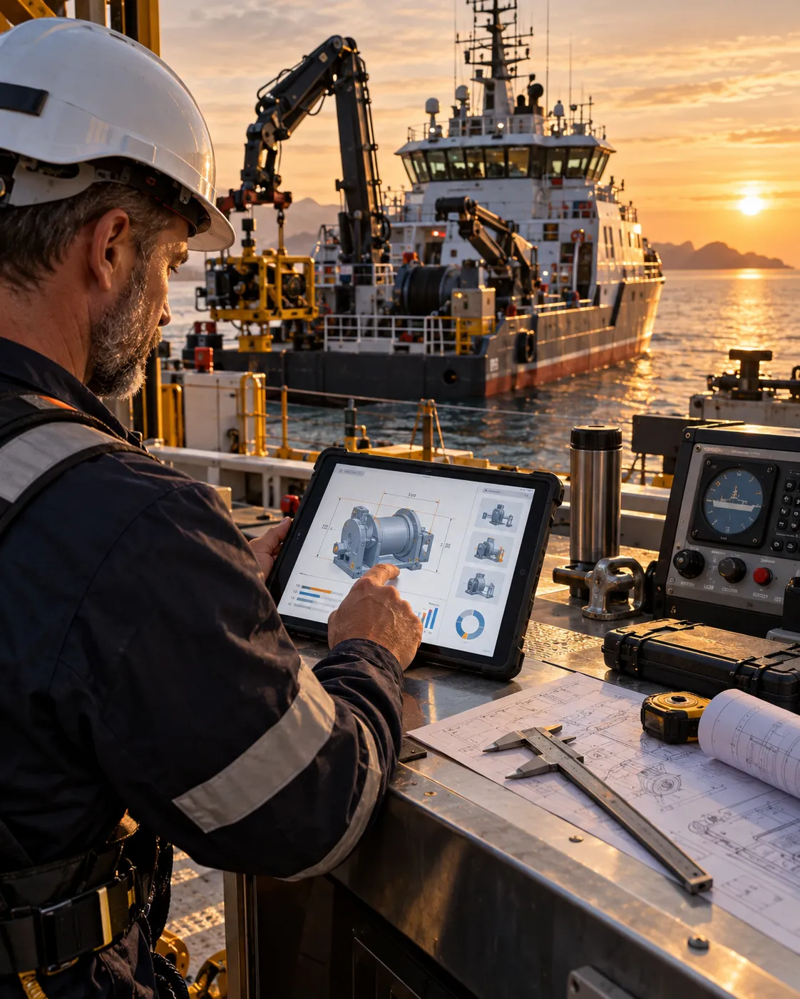 Technicien maritime utilisant un configurateur numérique pour paramétrer un équipement de navire, illustration des calculateurs et outils métier sur mesure développés par Amiral Studio