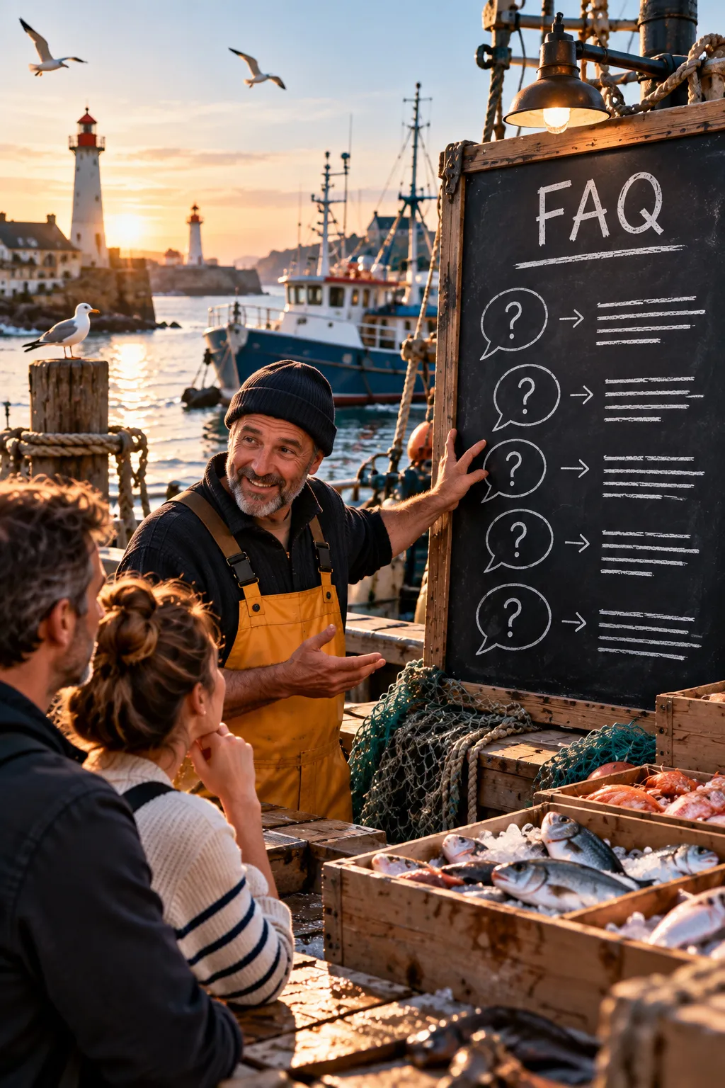 Pecheur repondant aux questions de clients sur un port, illustration de la FAQ e-commerce SEO et GEO d Amiral Studio pour accompagner les projets de vente en ligne