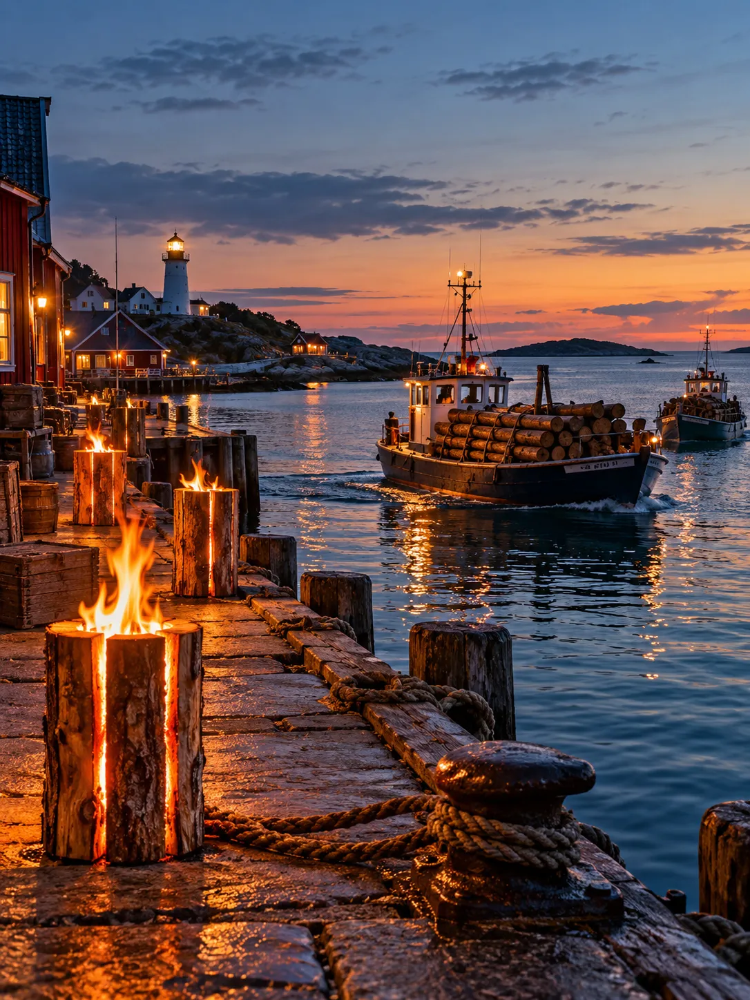 Port nordique illumine par des buches scandinaves en flammes, avec bateaux transportant du bois, illustration d un e commerce vecu de l interieur par Amiral Studio