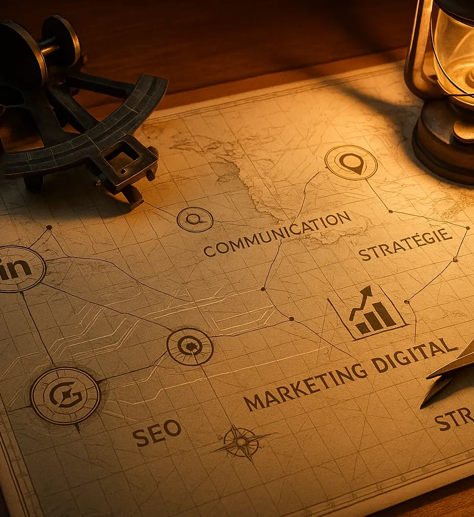 Carte stratégique illustrant la communication et le marketing digital — plan de stratégie, SEO et marketing en ligne par Amiral Studio